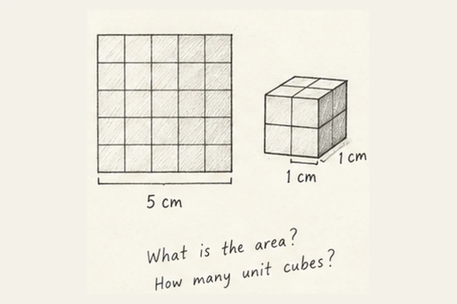 Area and volume foundations illustrated in pencil.