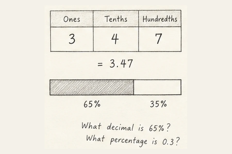 Decimals and percentages illustrated in pencil.