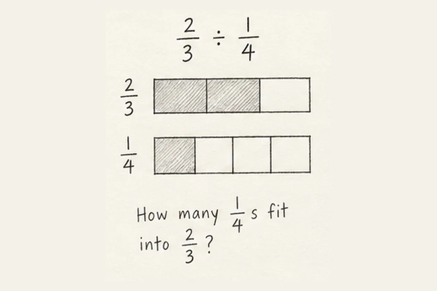 Dividing fractions illustrated in pencil.