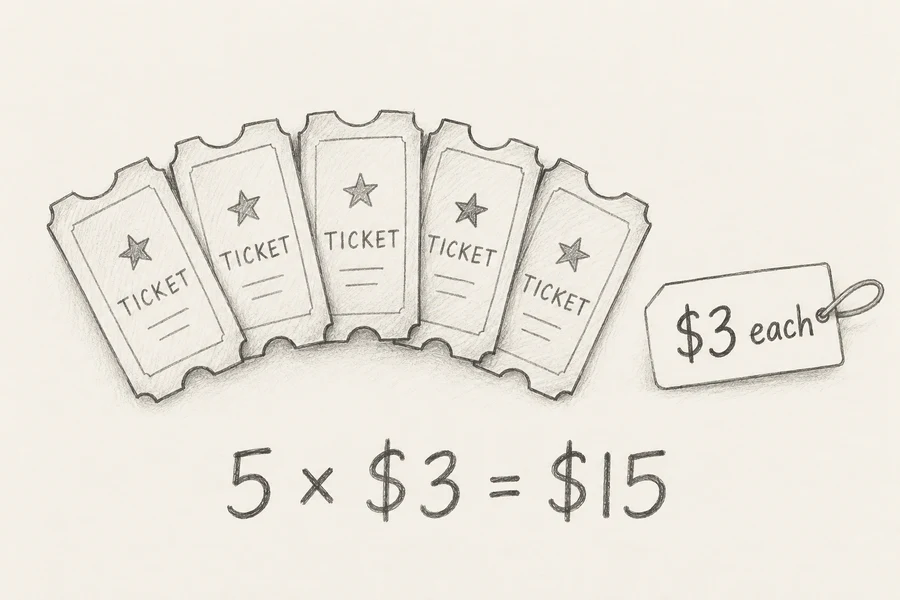 Number × value illustrated in pencil.