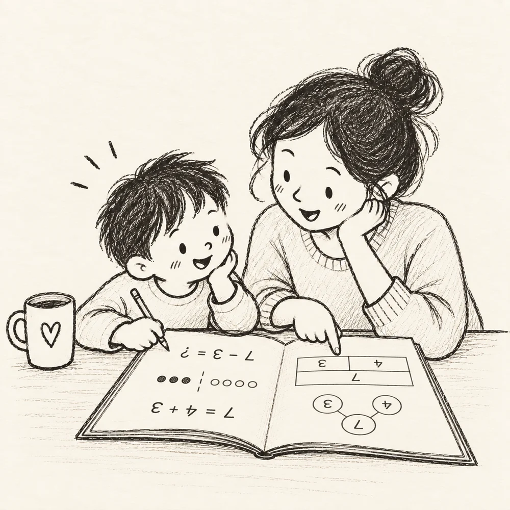 A parent and child exploring a maths problem together.