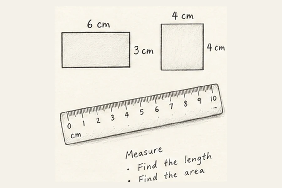 Rectangle and square measurement illustrated in pencil.