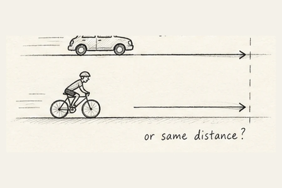 Same time, same distance illustrated in pencil.