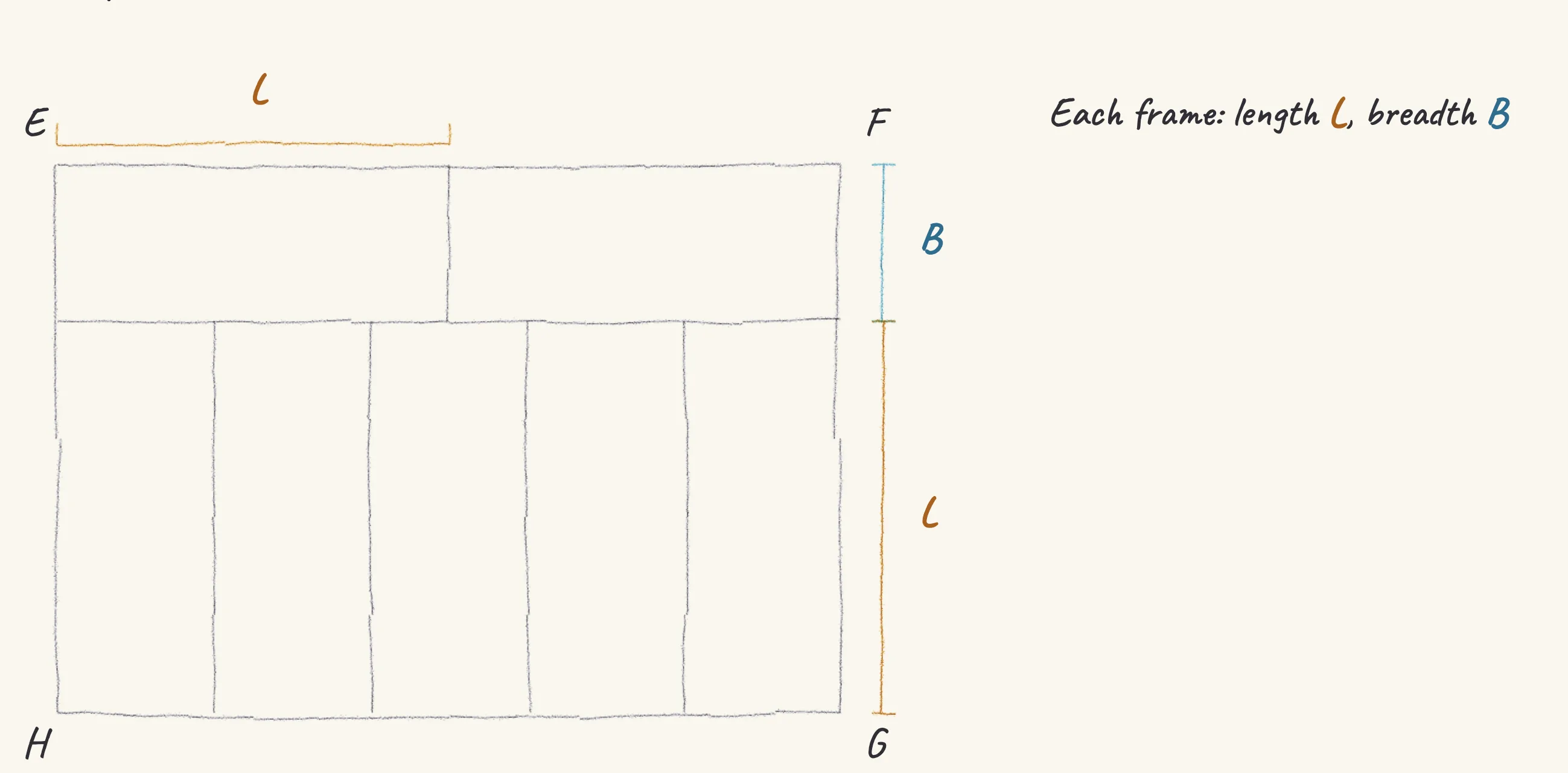 One step of the worked solution to Seven photo frames — the area of EFGH, drawn in pencil.