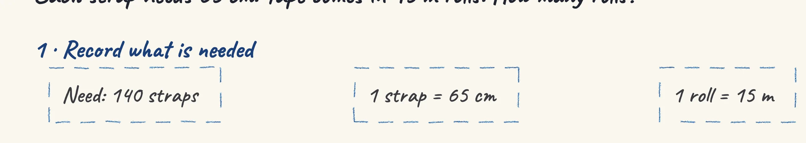 One step of the worked solution to Shelf brackets — a carpenter buys webbing tape, drawn in pencil.