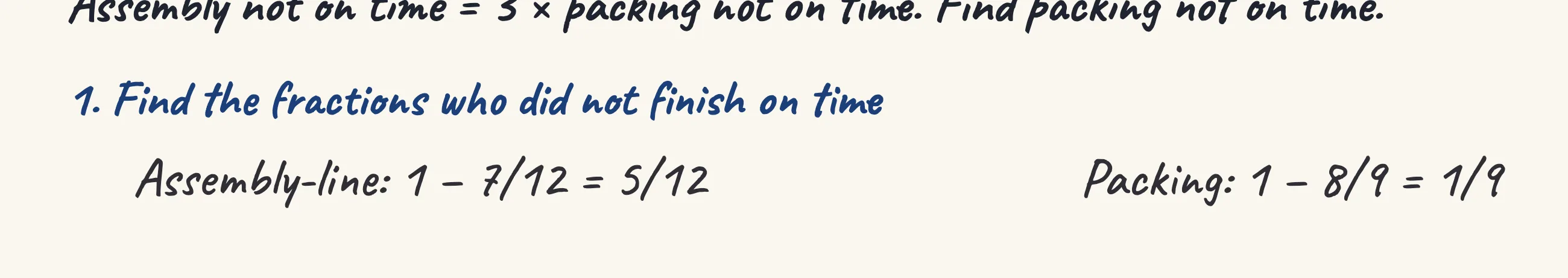 One step of the worked solution to 810 workers — who finished on time, drawn in pencil.