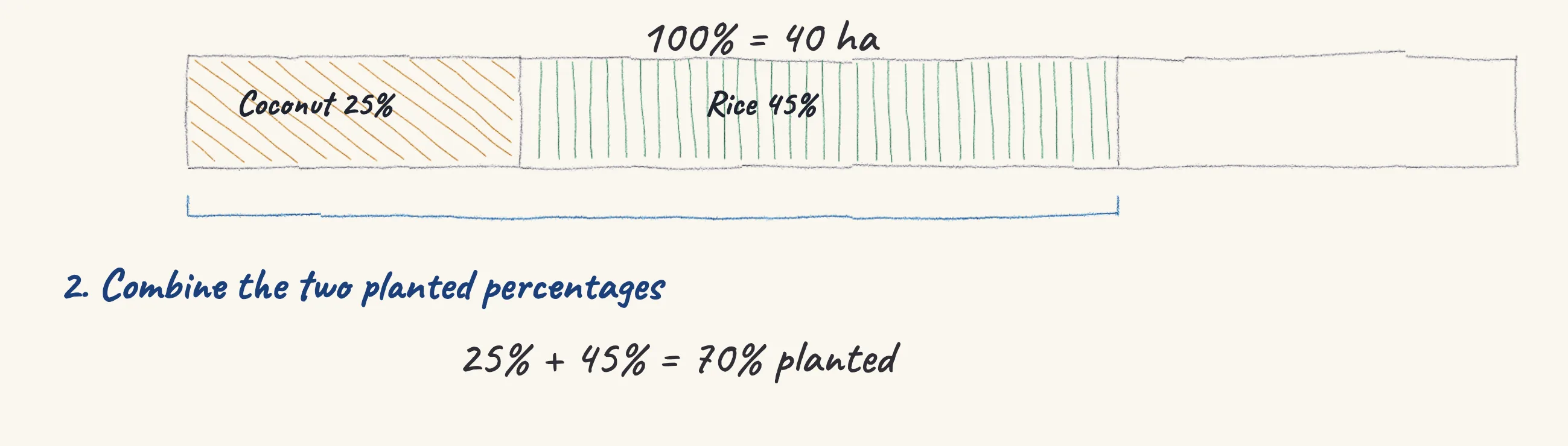 One step of the worked solution to Farmland — coconut, rice and fallow land, drawn in pencil.
