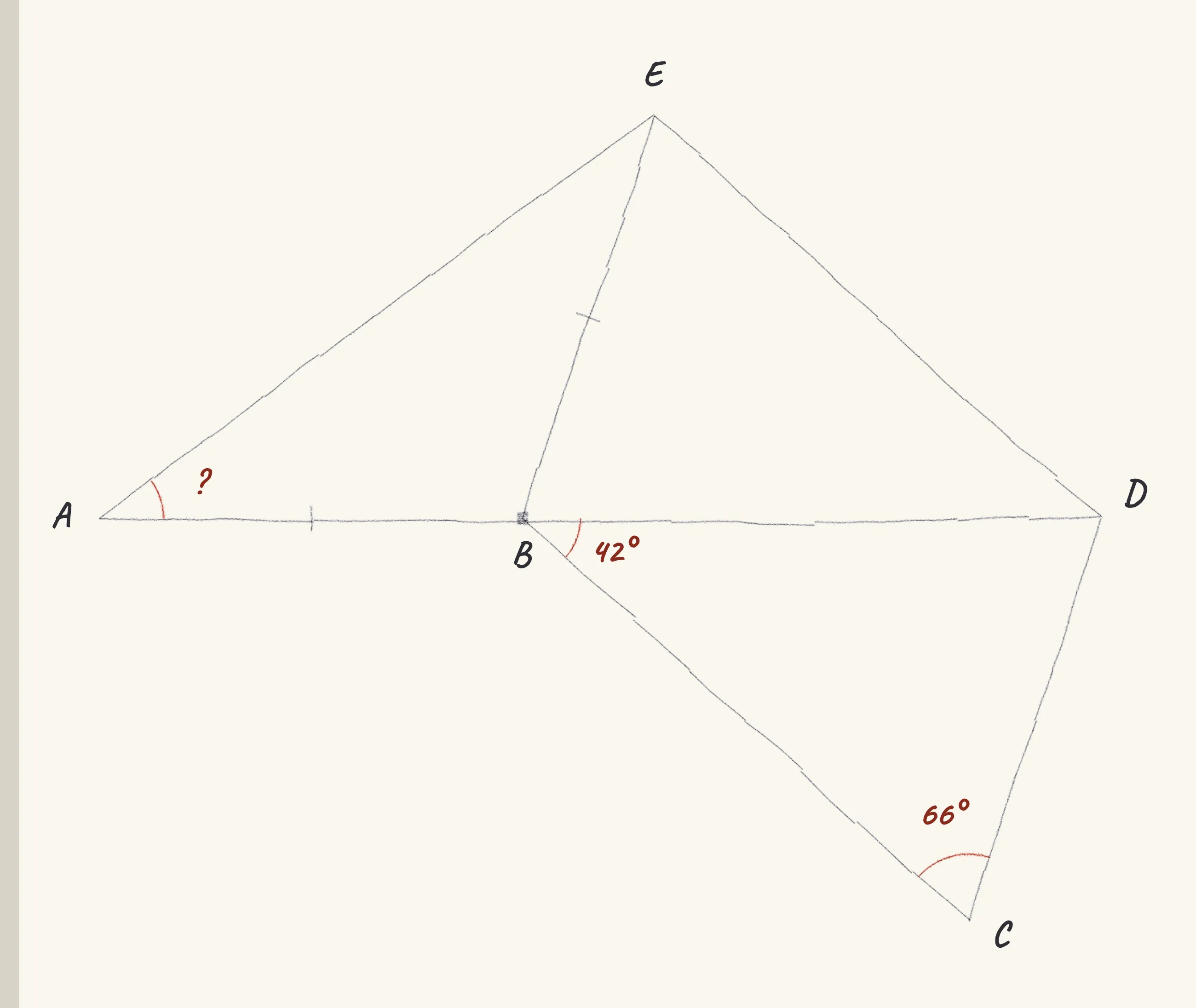 One step of the worked solution to A display easel — angle EAB, drawn in pencil.