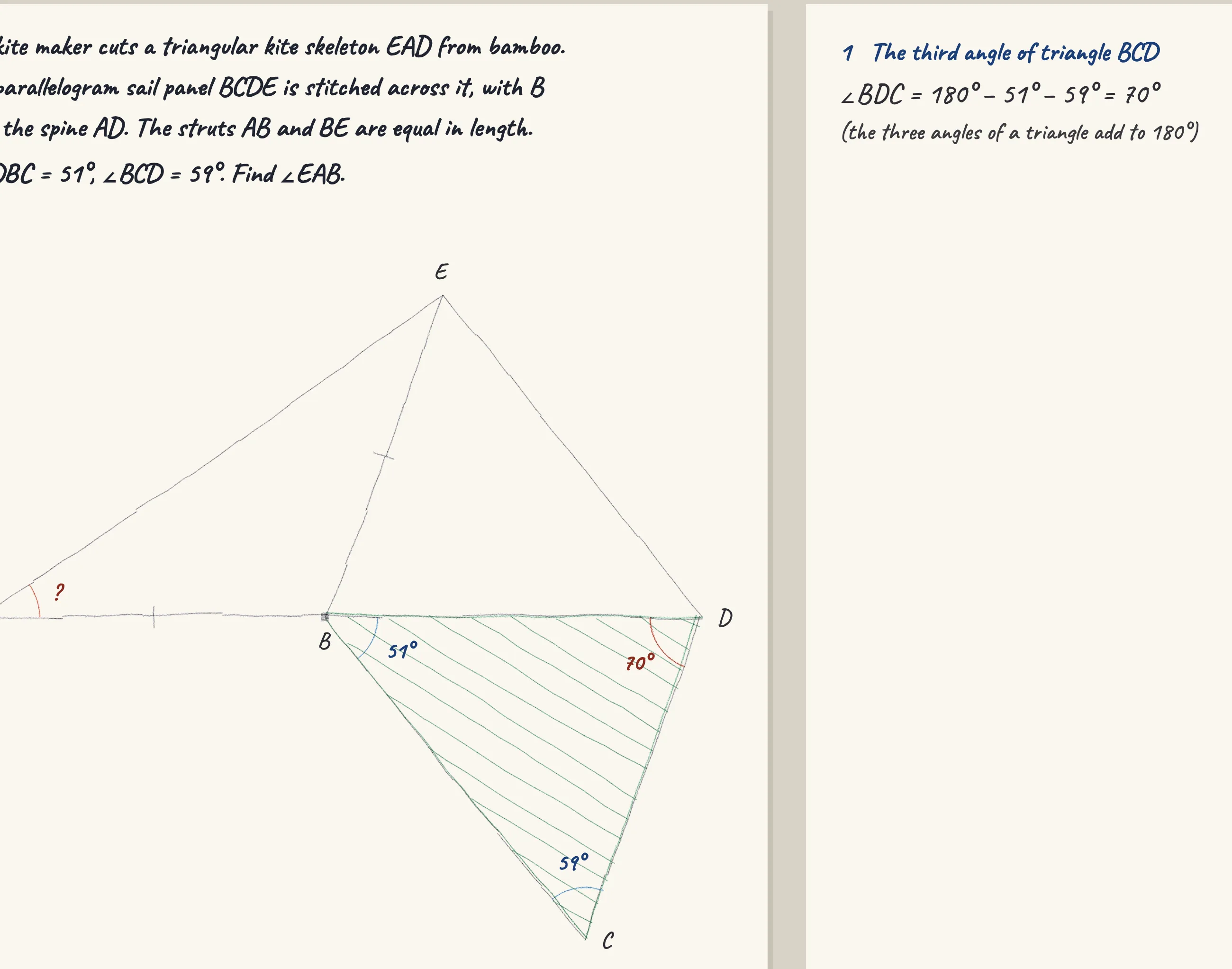 One step of the worked solution to A kite skeleton — angle EAB, drawn in pencil.
