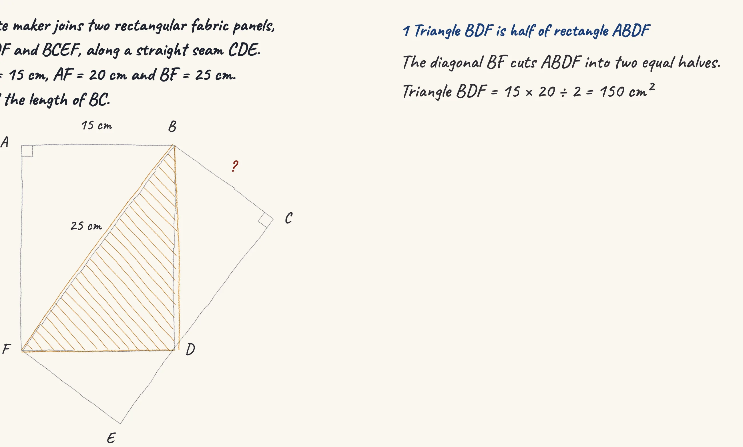 One step of the worked solution to Two kite panels — the length of BC, drawn in pencil.