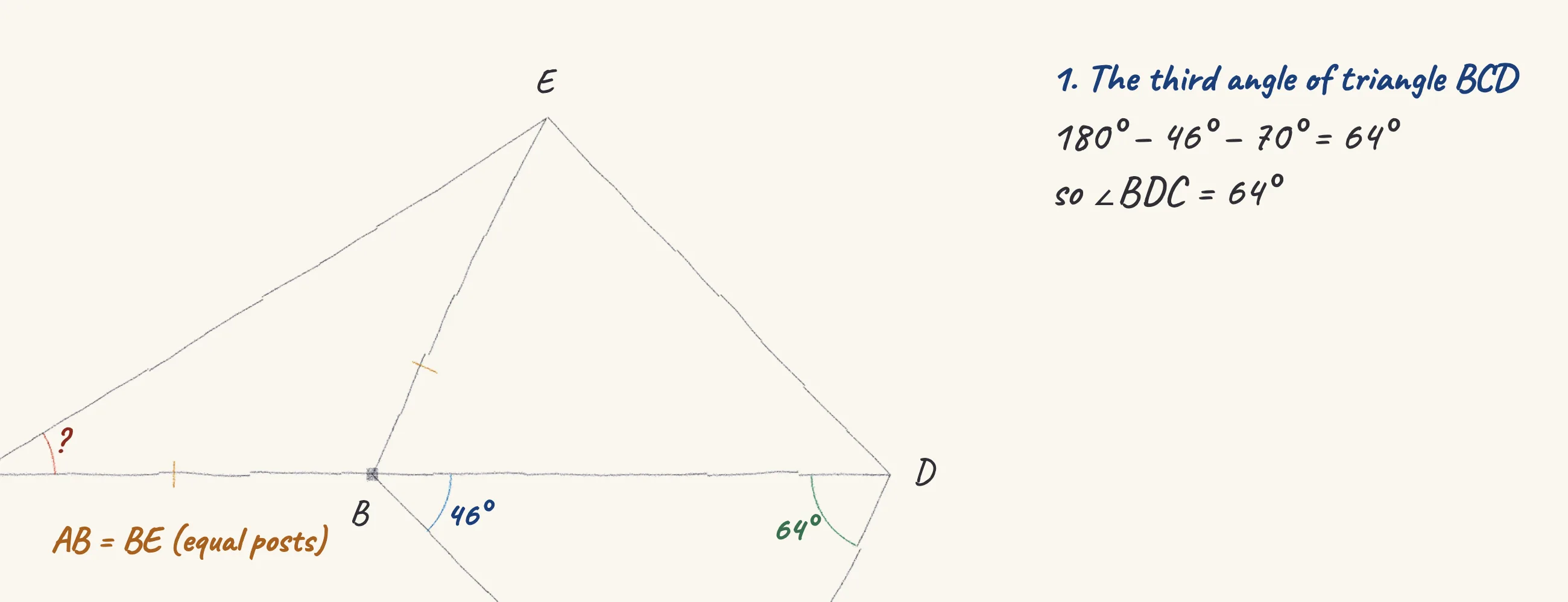 One step of the worked solution to A trellis and a lattice — angle EAB, drawn in pencil.