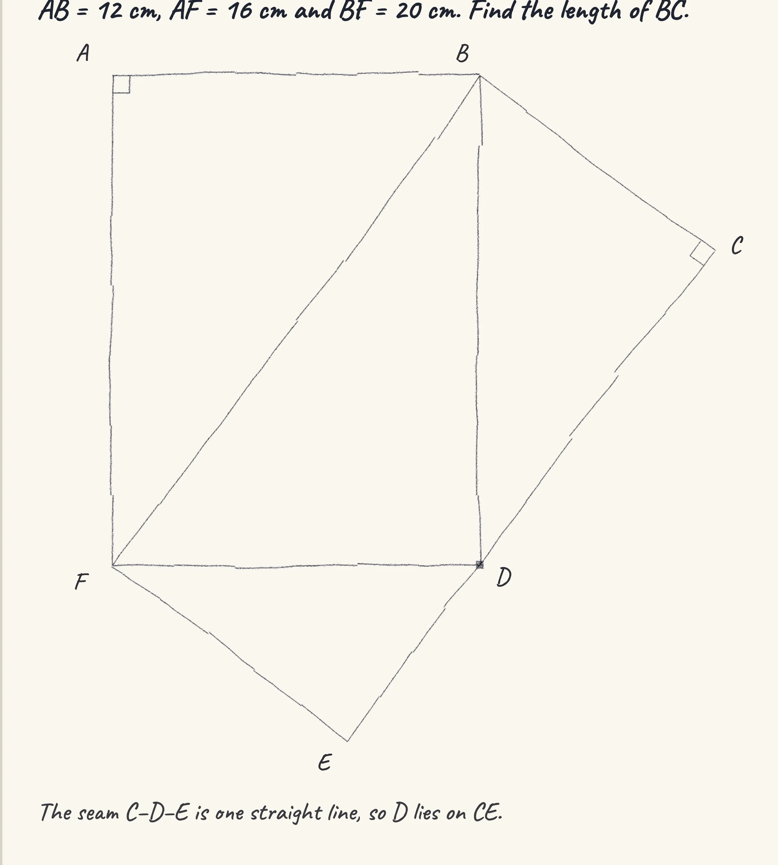 One step of the worked solution to Two fabric patches — the length of BC, drawn in pencil.