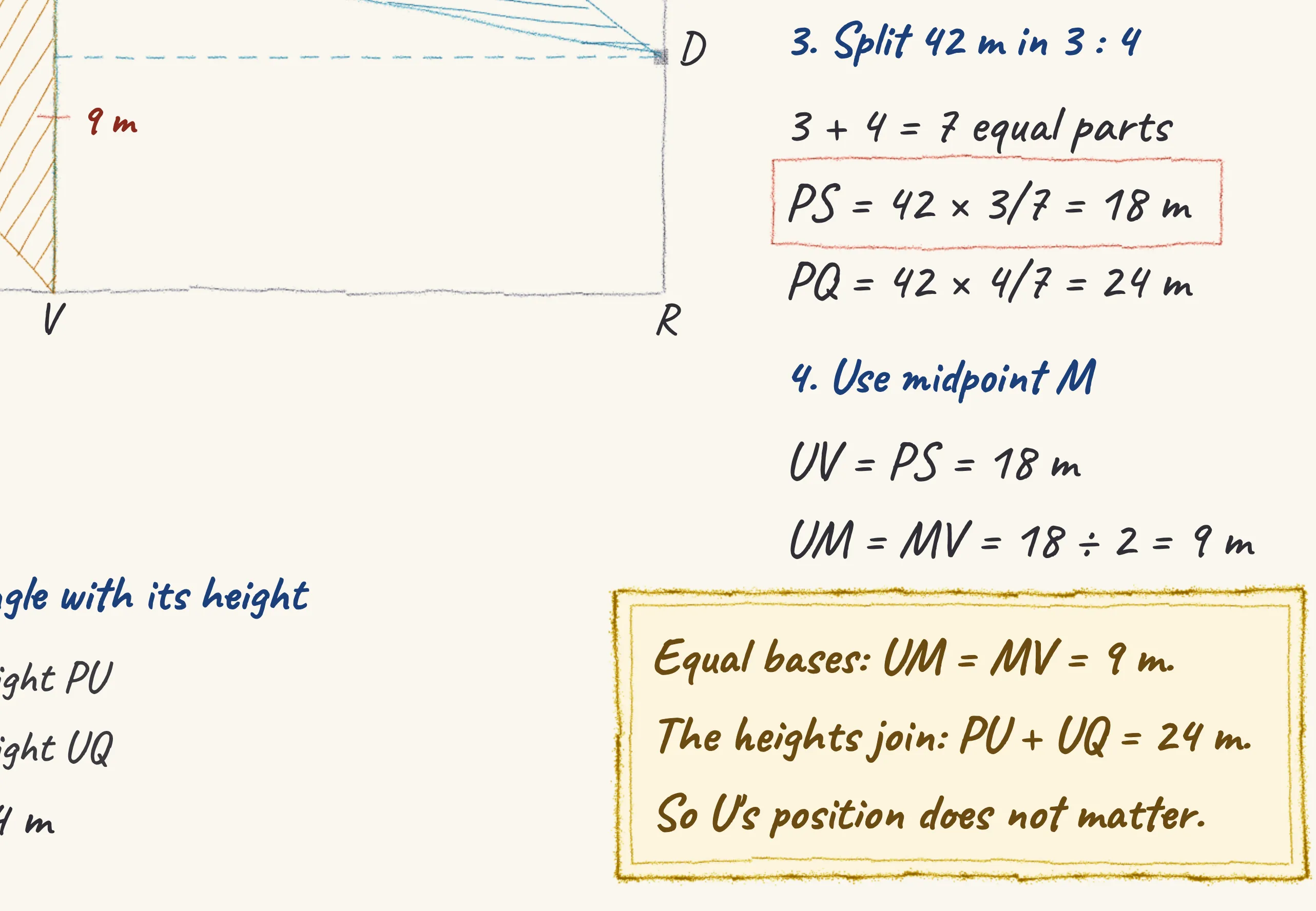 The key insight from Garden PQRS — the path and the shaded triangles, drawn in pencil.