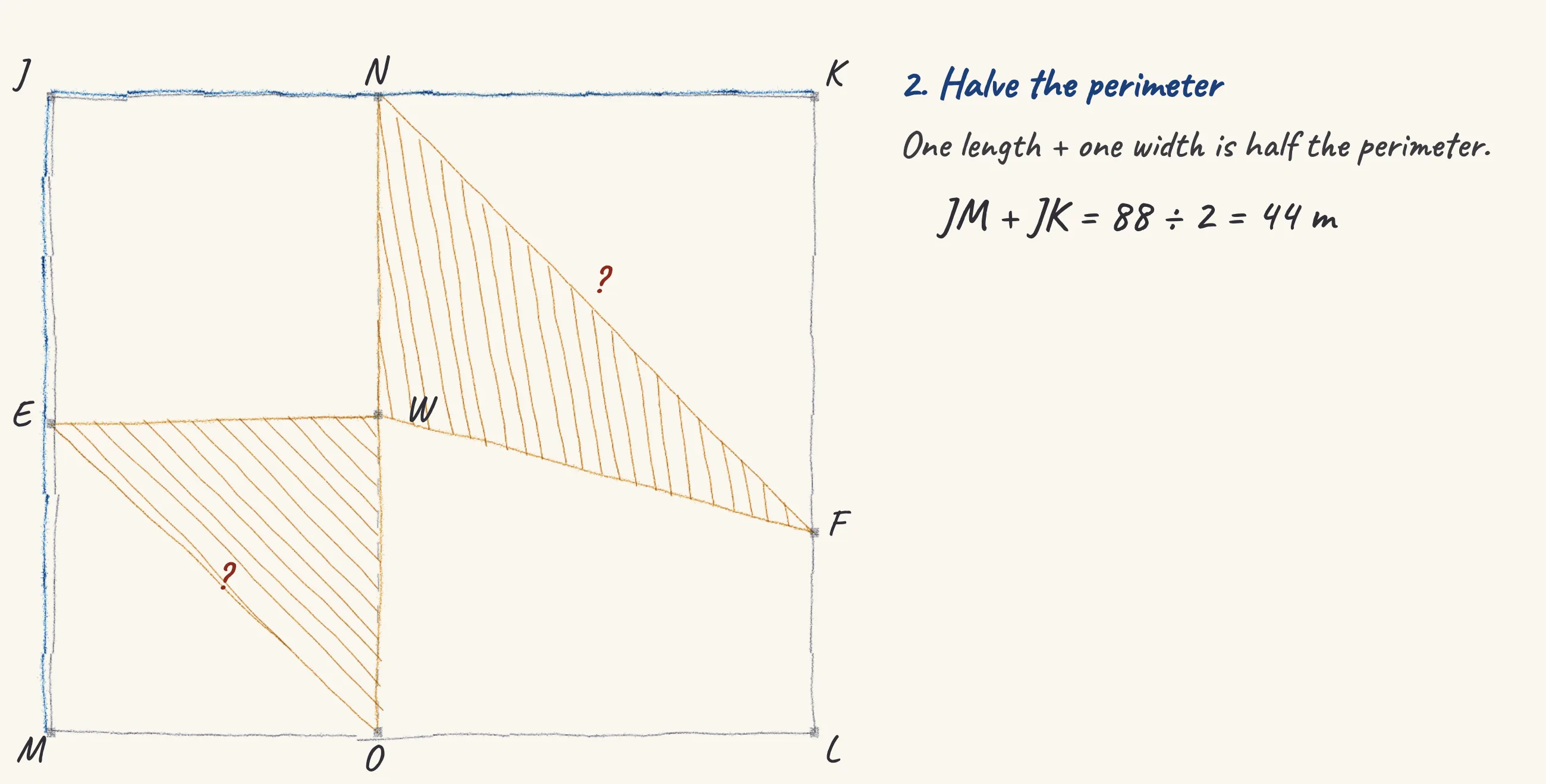 One step of the worked solution to Library hall — the partition and the shaded triangles, drawn in pencil.