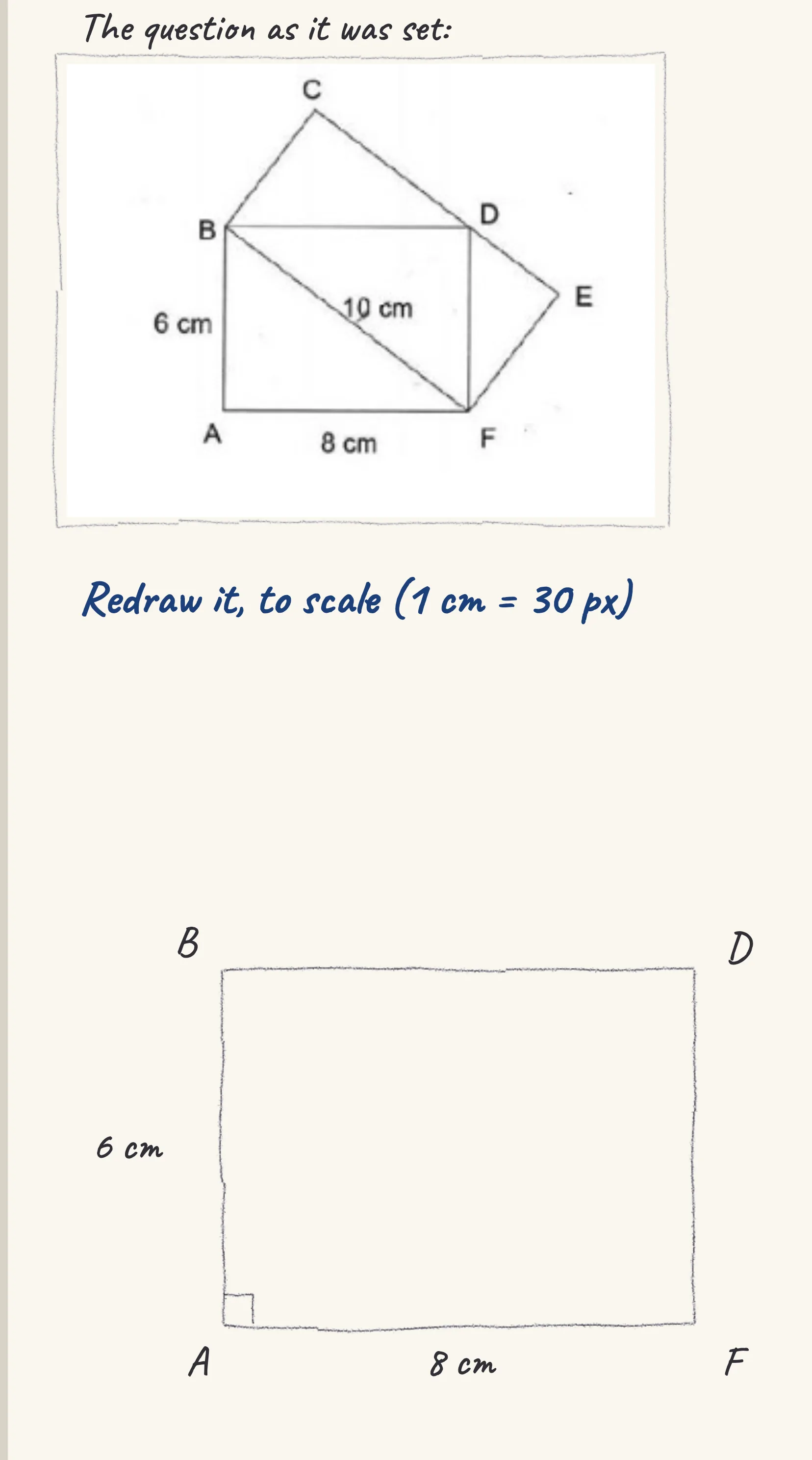 One step of the worked solution to Rectangles ABDF and BCEF — length of BC, drawn in pencil.