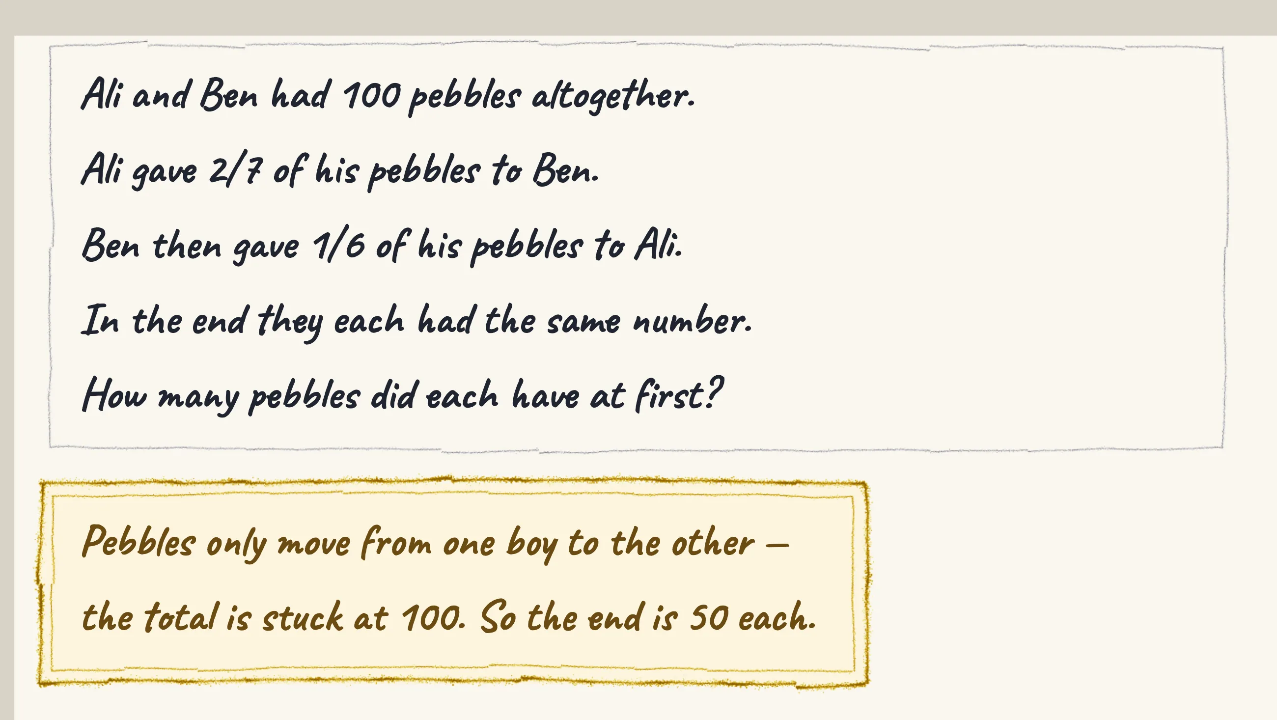 One step of the worked solution to Pebbles — Ali and Ben end up equal, drawn in pencil.
