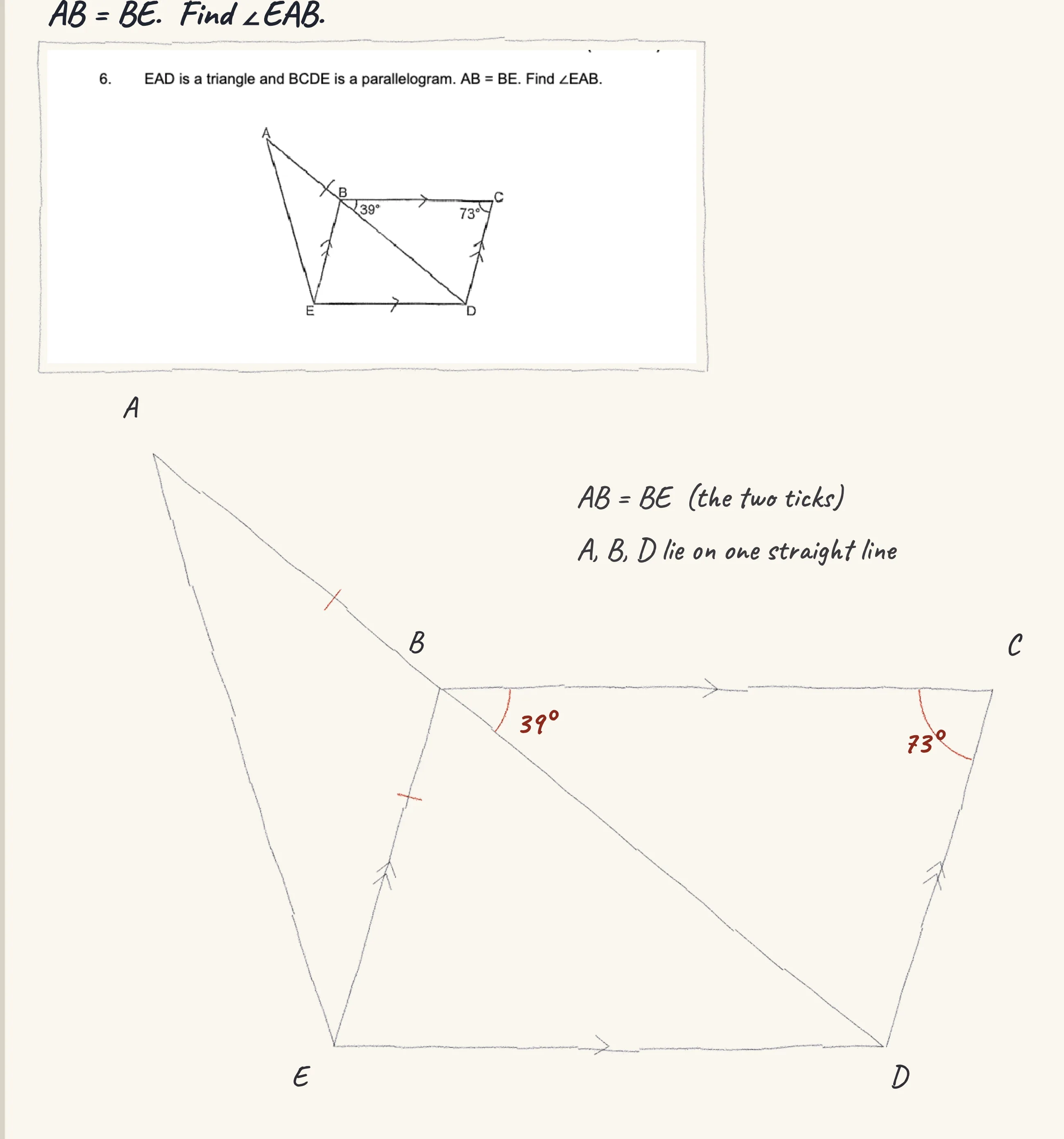 One step of the worked solution to Parallelogram BCDE — find ∠EAB, drawn in pencil.