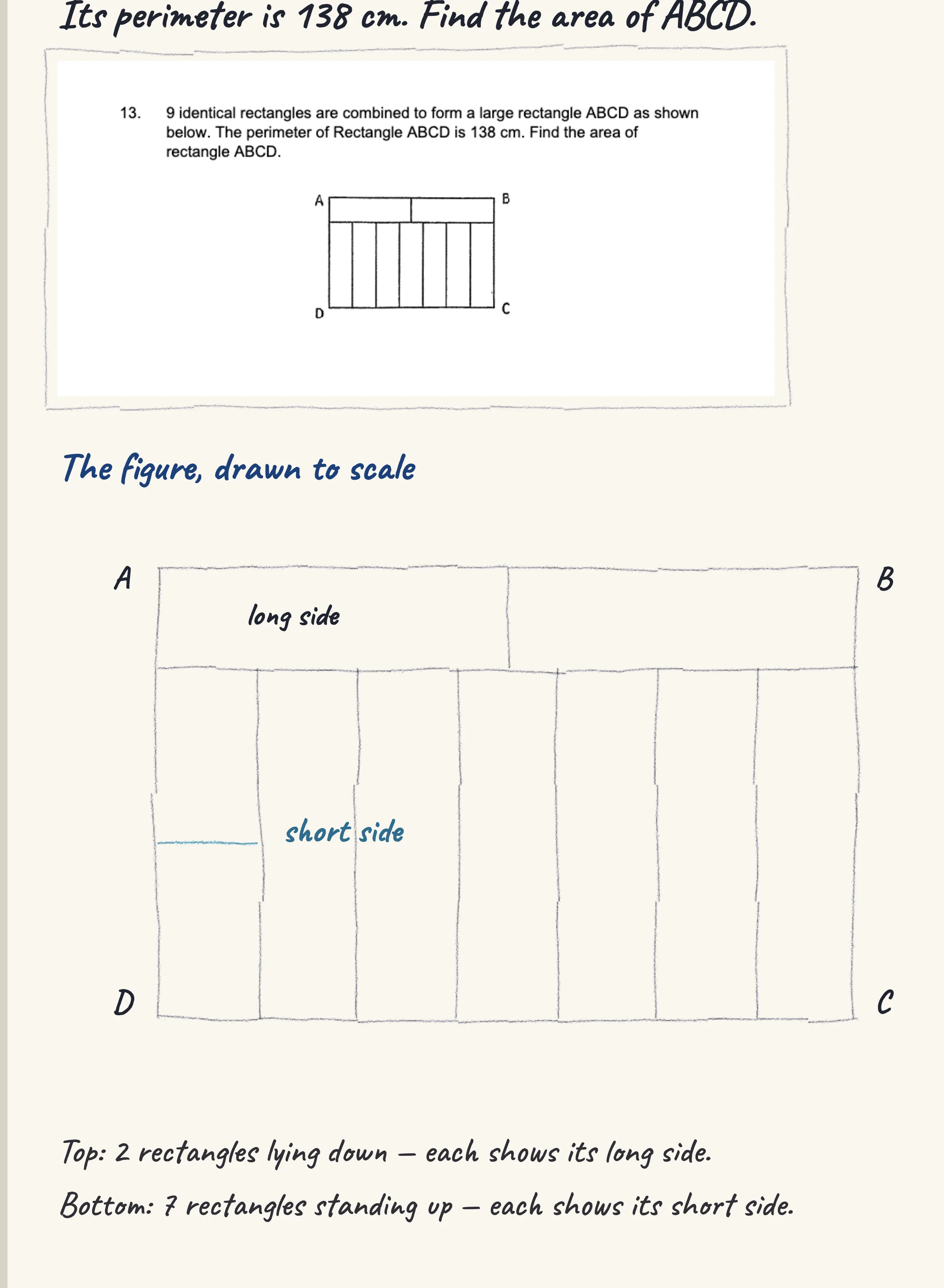 One step of the worked solution to Nine rectangles — the area of ABCD, drawn in pencil.