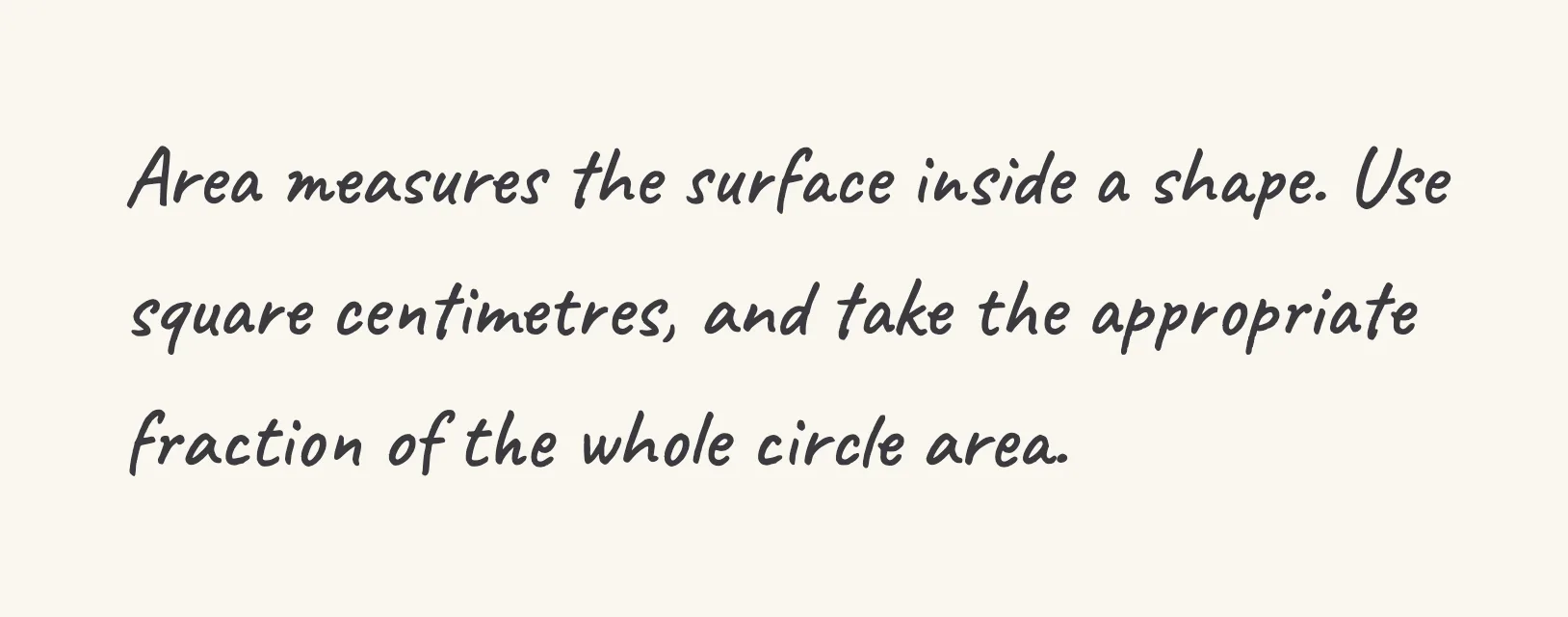 One step of the worked solution to quarter area — radius 14 cm, drawn in pencil.