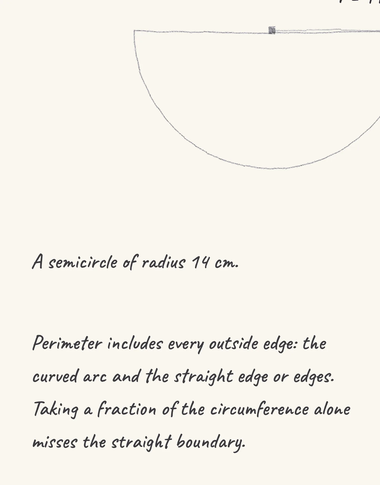 One step of the worked solution to semicircle perimeter — radius 14 cm, drawn in pencil.