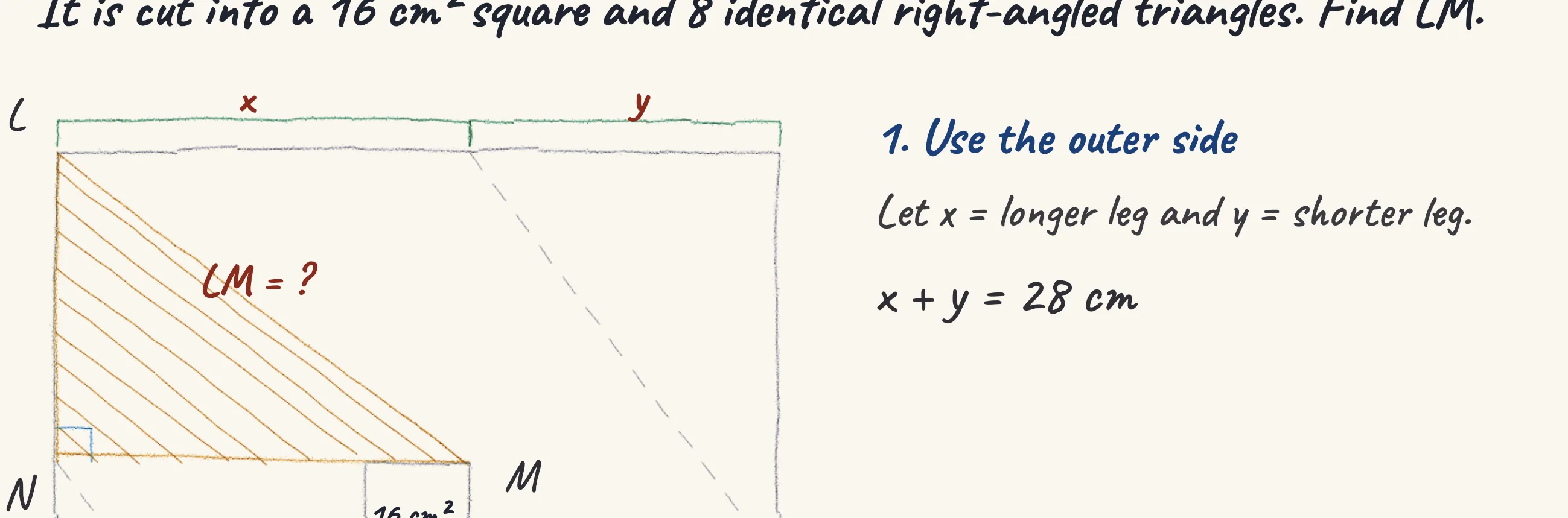 One step of the worked solution to Kite paper — triangle LMN, drawn in pencil.