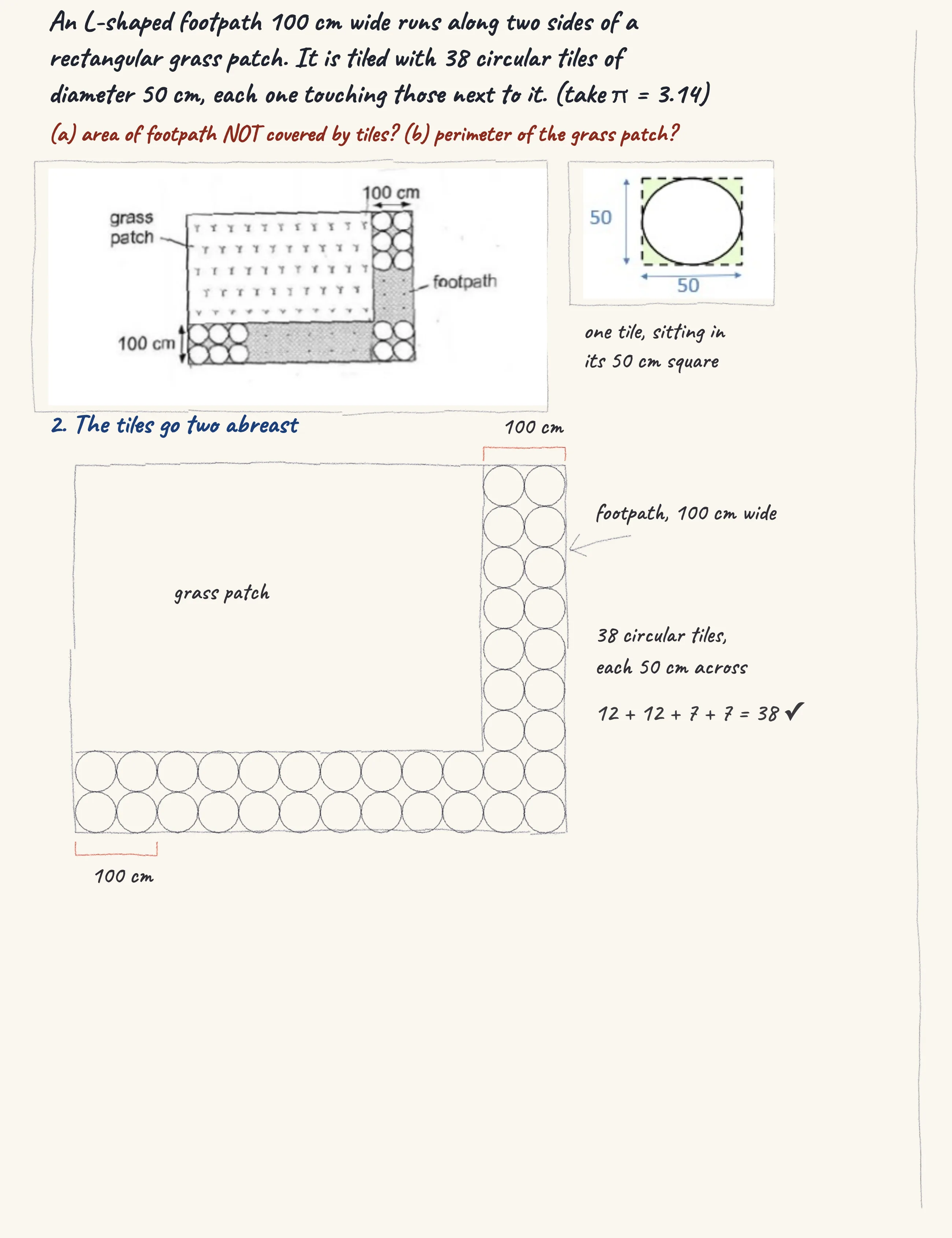 One step of the worked solution to Footpath — circular tiles, drawn in pencil.