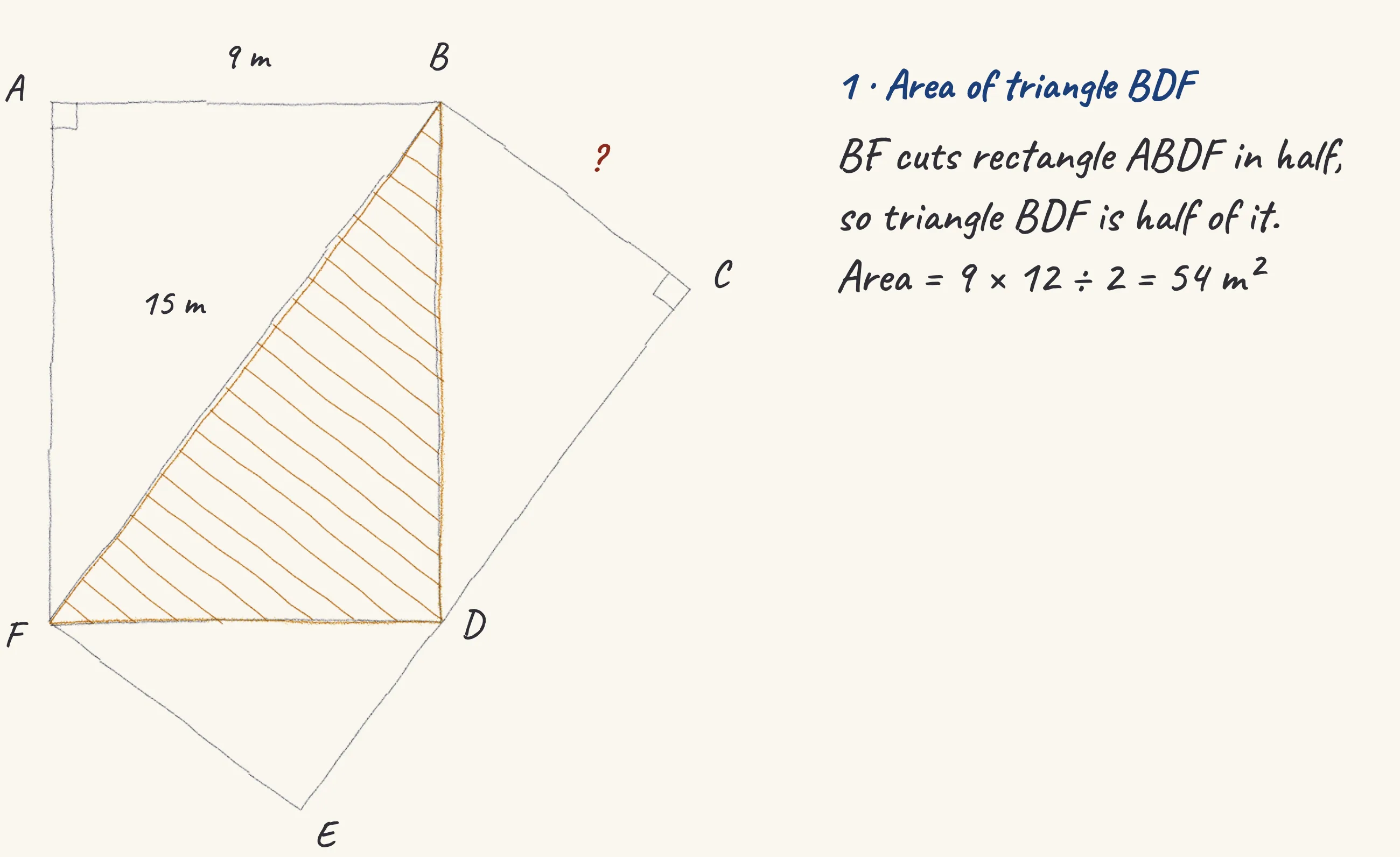 One step of the worked solution to Two flower beds — the length of BC, drawn in pencil.
