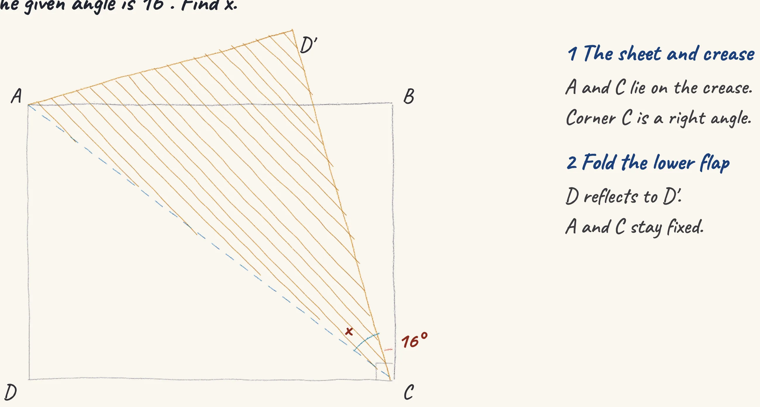 One step of the worked solution to Folded kite fabric — the kite-maker's crease angle, drawn in pencil.