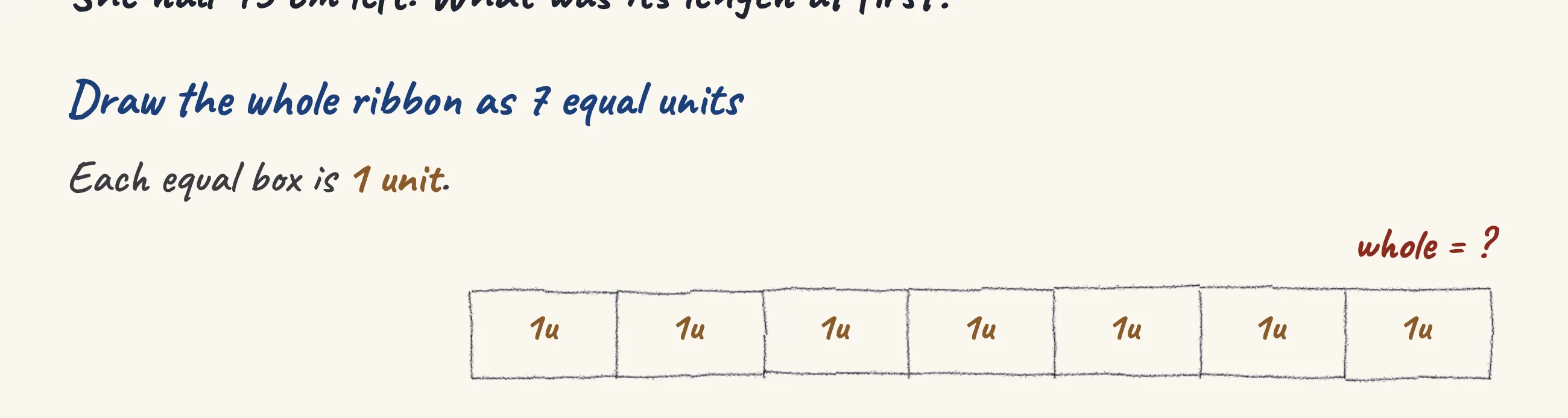 One step of the worked solution to Ribbon — wrapping a gift, drawn in pencil.