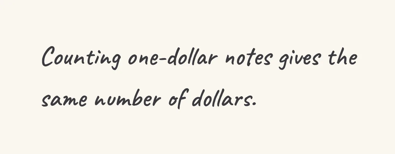One step of the worked solution to count whole dollars, drawn in pencil.