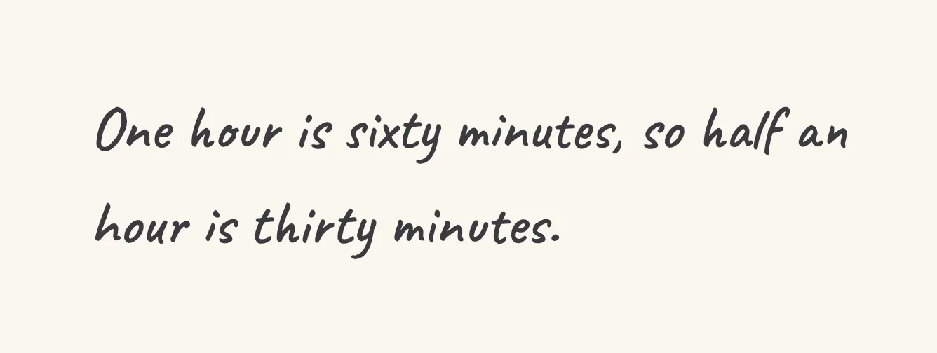 One step of the worked solution to recognise one-hour and half-hour durations, drawn in pencil.