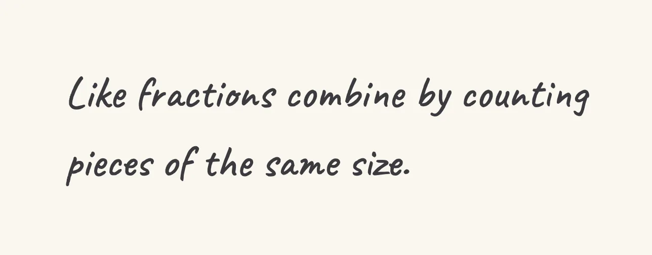 One step of the worked solution to add like fractions, drawn in pencil.