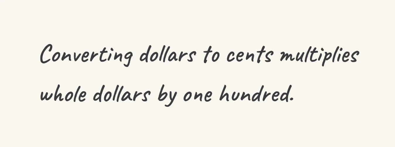 One step of the worked solution to convert dollars and cents, drawn in pencil.