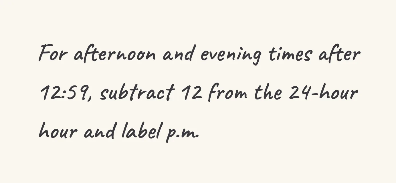 One step of the worked solution to read the 24-hour clock, drawn in pencil.