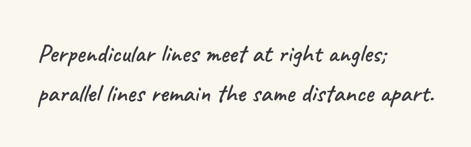 One step of the worked solution to recognise perpendicular and parallel lines, drawn in pencil.