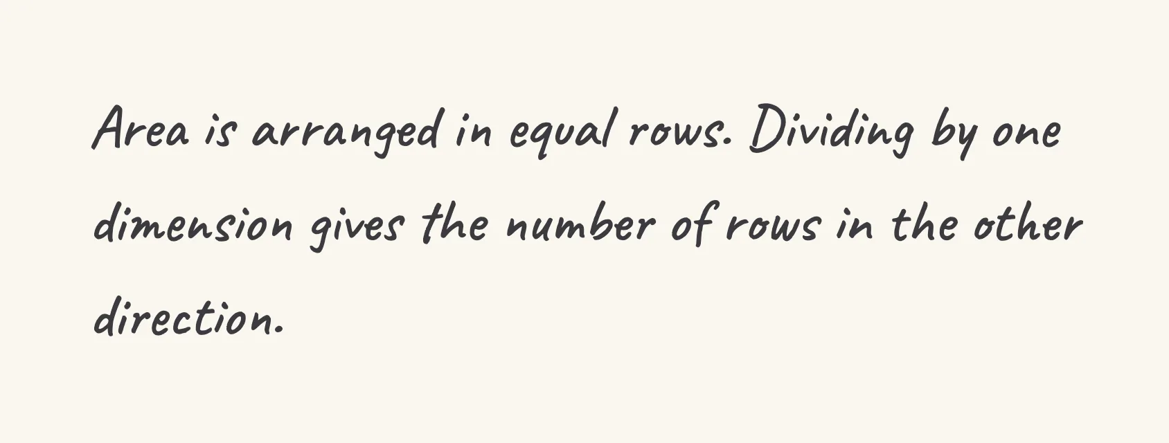 One step of the worked solution to find a rectangle side from area, drawn in pencil.