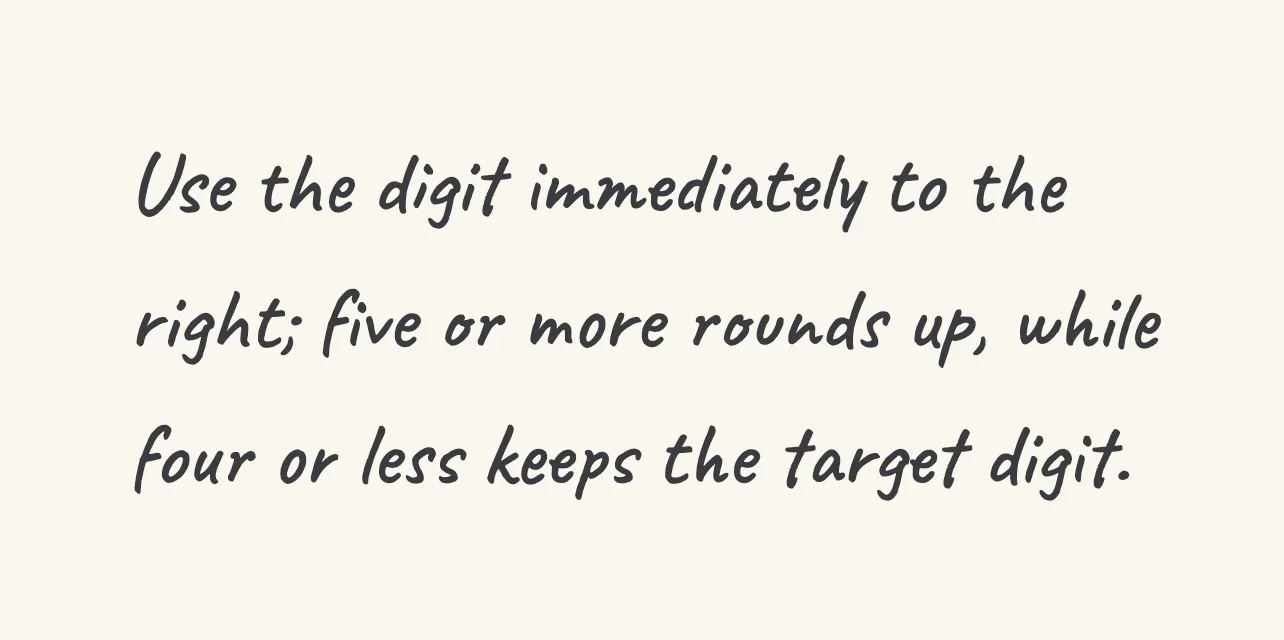 One step of the worked solution to round a decimal to 2 decimal places, drawn in pencil.
