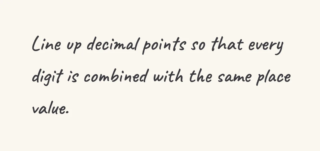 One step of the worked solution to subtract decimals, drawn in pencil.