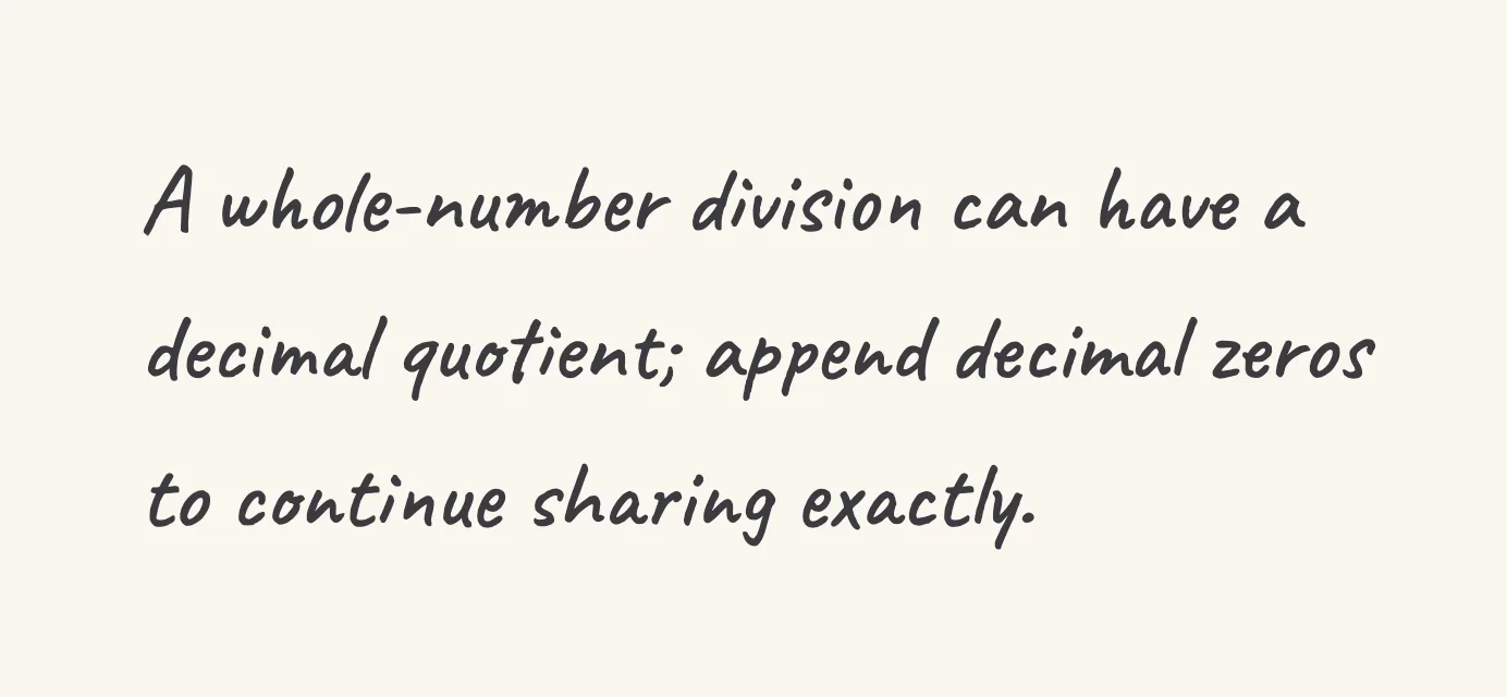 One step of the worked solution to express whole-number division as a decimal, drawn in pencil.