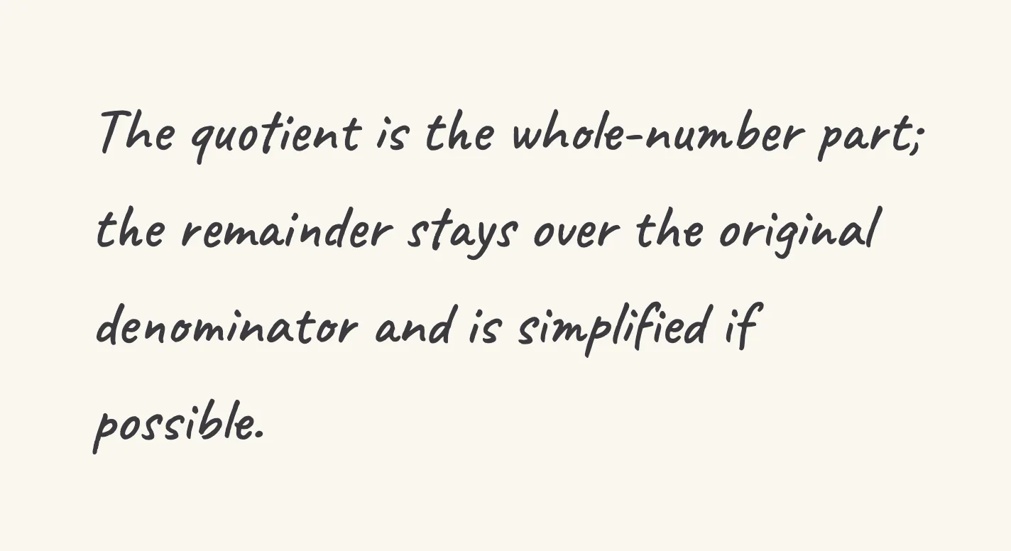One step of the worked solution to convert an improper fraction, drawn in pencil.
