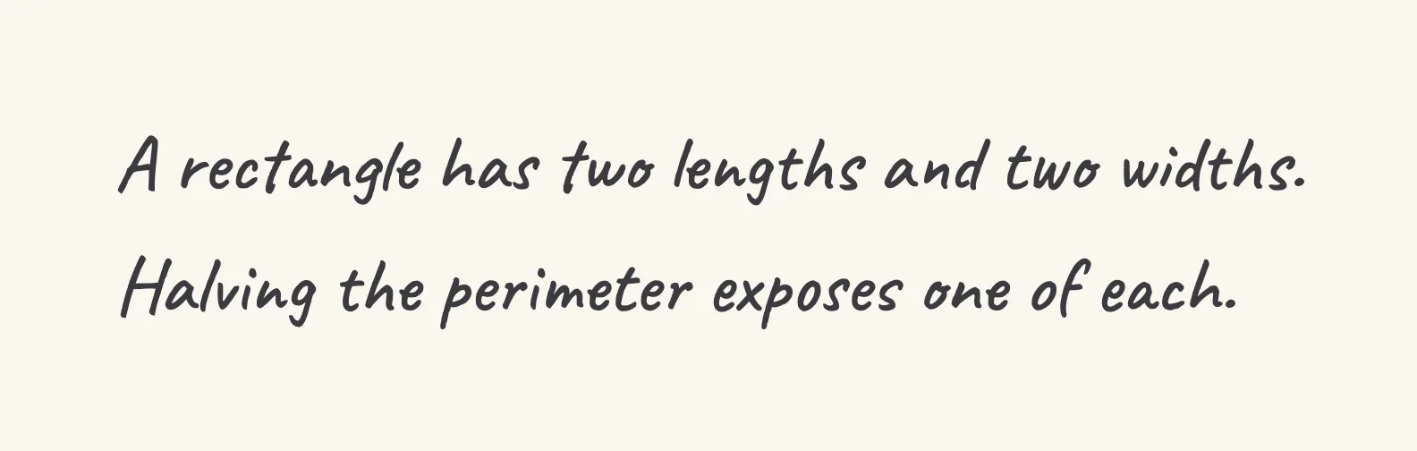 One step of the worked solution to find a rectangle side from perimeter, drawn in pencil.