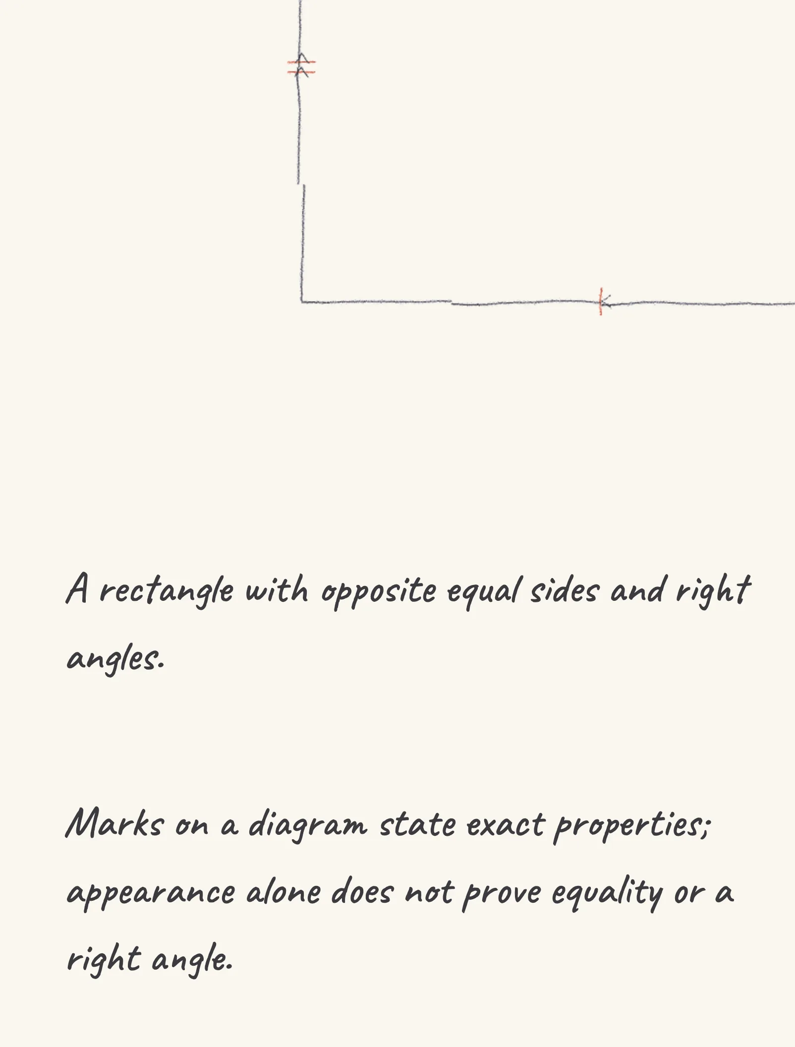 One step of the worked solution to rectangle properties, drawn in pencil.