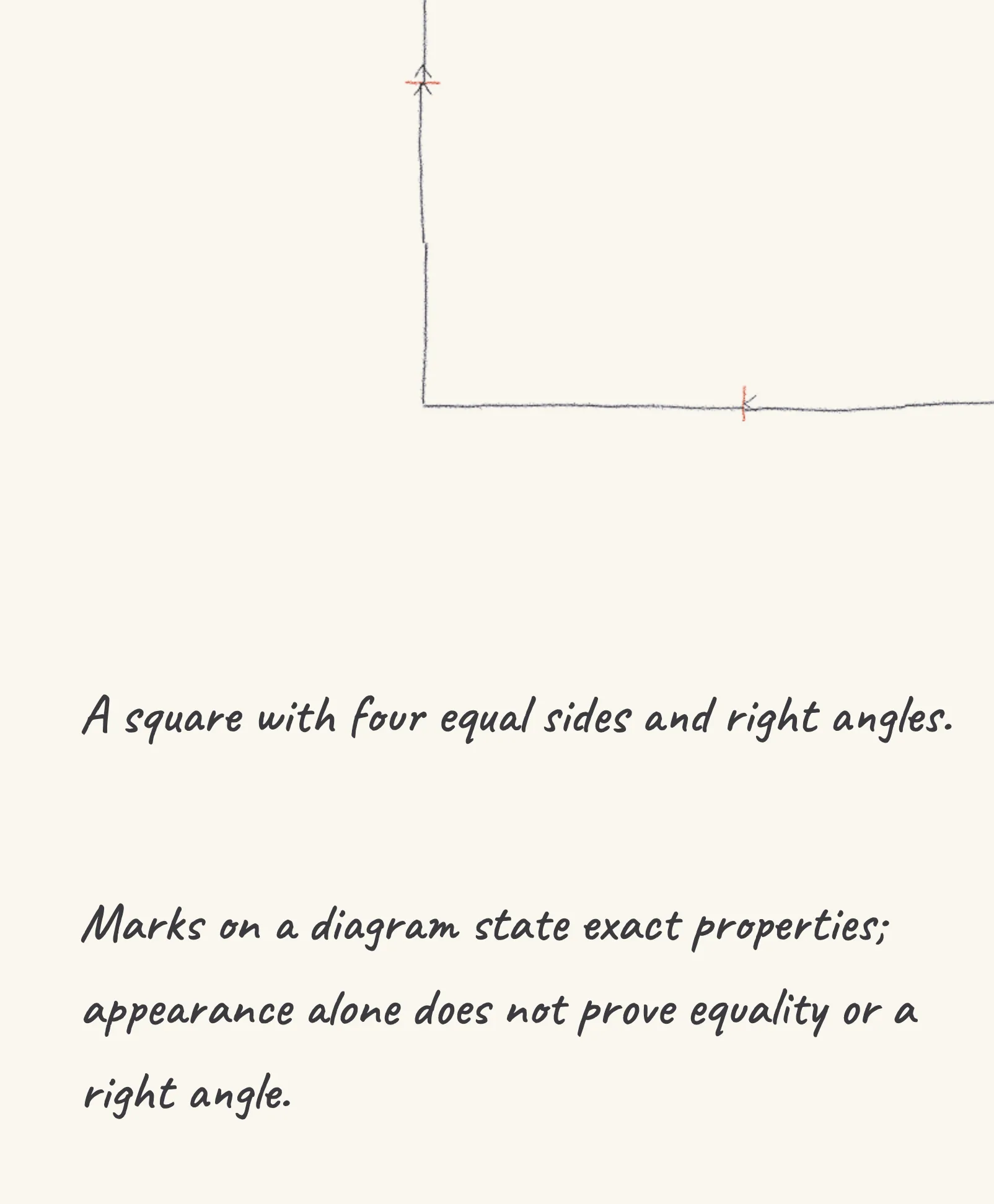 One step of the worked solution to square properties, drawn in pencil.