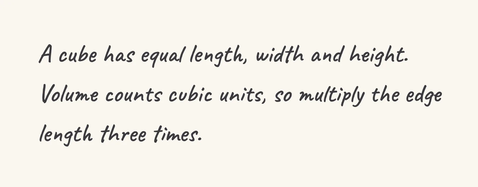 One step of the worked solution to volume of a cube, drawn in pencil.