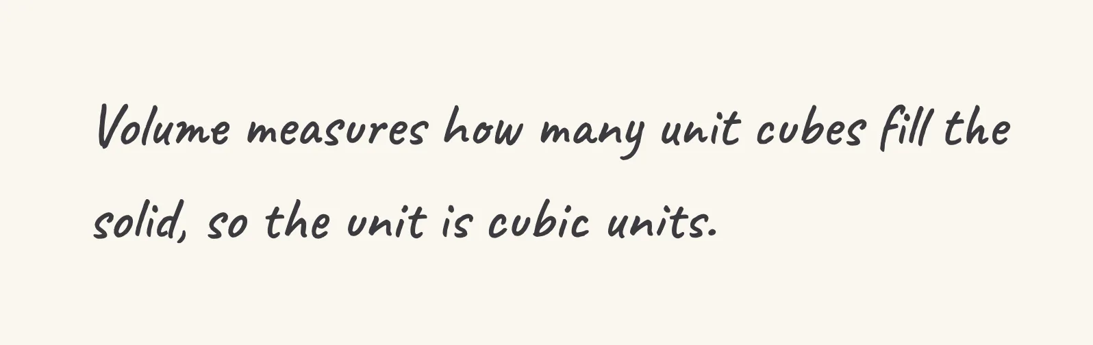 One step of the worked solution to volume in cubic units, drawn in pencil.