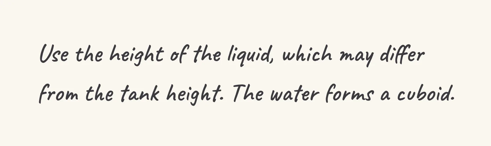 One step of the worked solution to liquid volume in a tank, drawn in pencil.