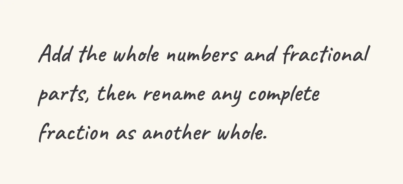 One step of the worked solution to Add mixed numbers — 2 1/3 and 1 2/3, drawn in pencil.
