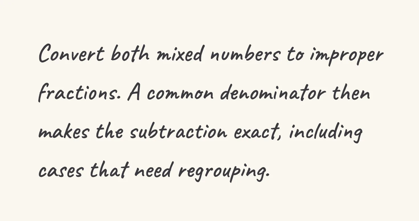 One step of the worked solution to Subtract mixed numbers, drawn in pencil.