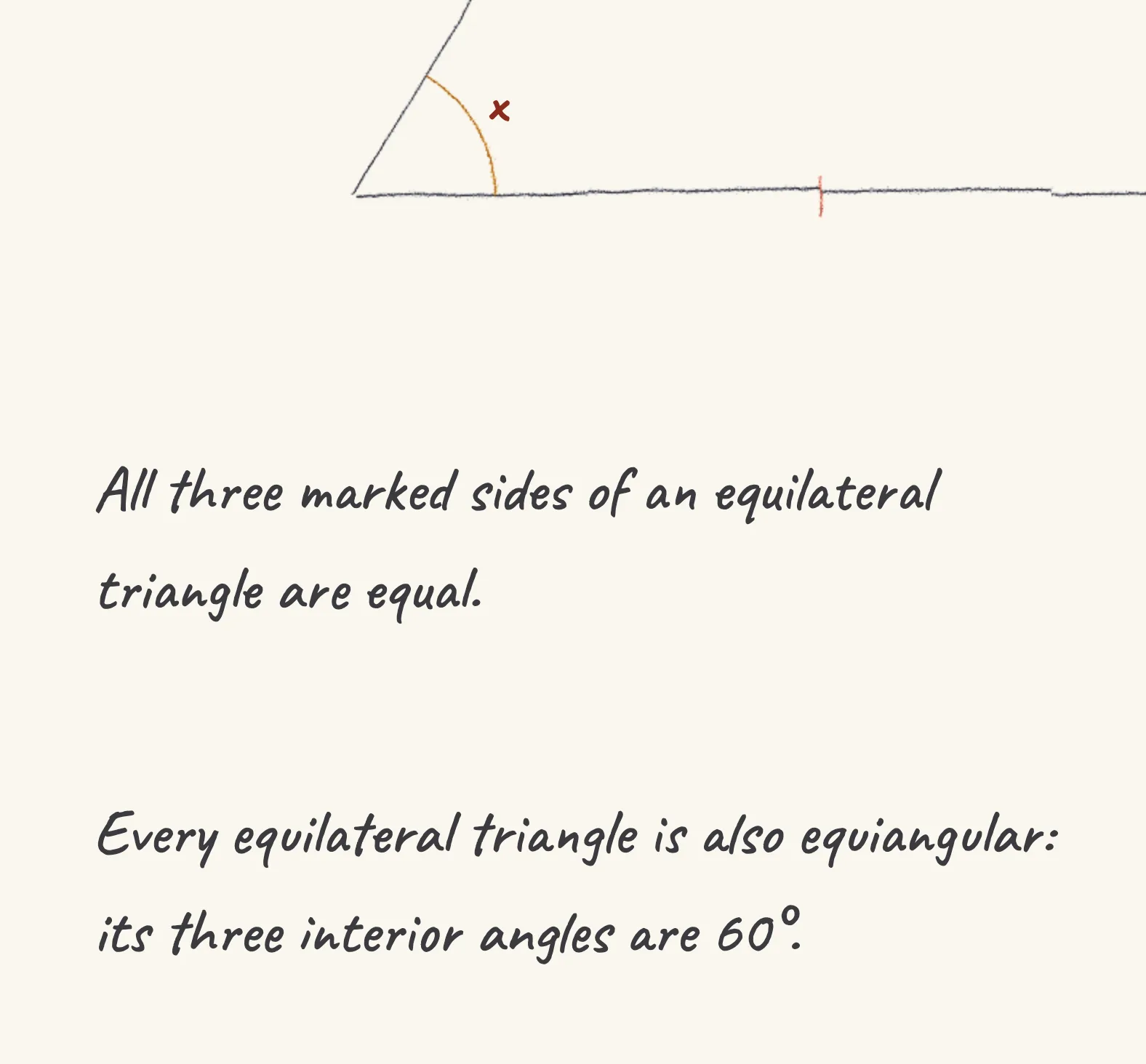 One step of the worked solution to equilateral triangle angles, drawn in pencil.