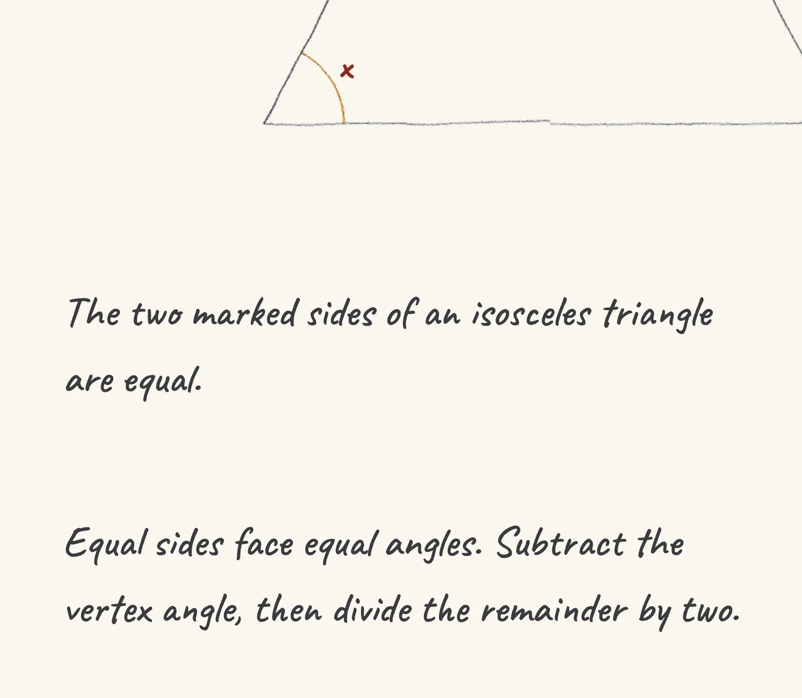 One step of the worked solution to isosceles triangle angles, drawn in pencil.